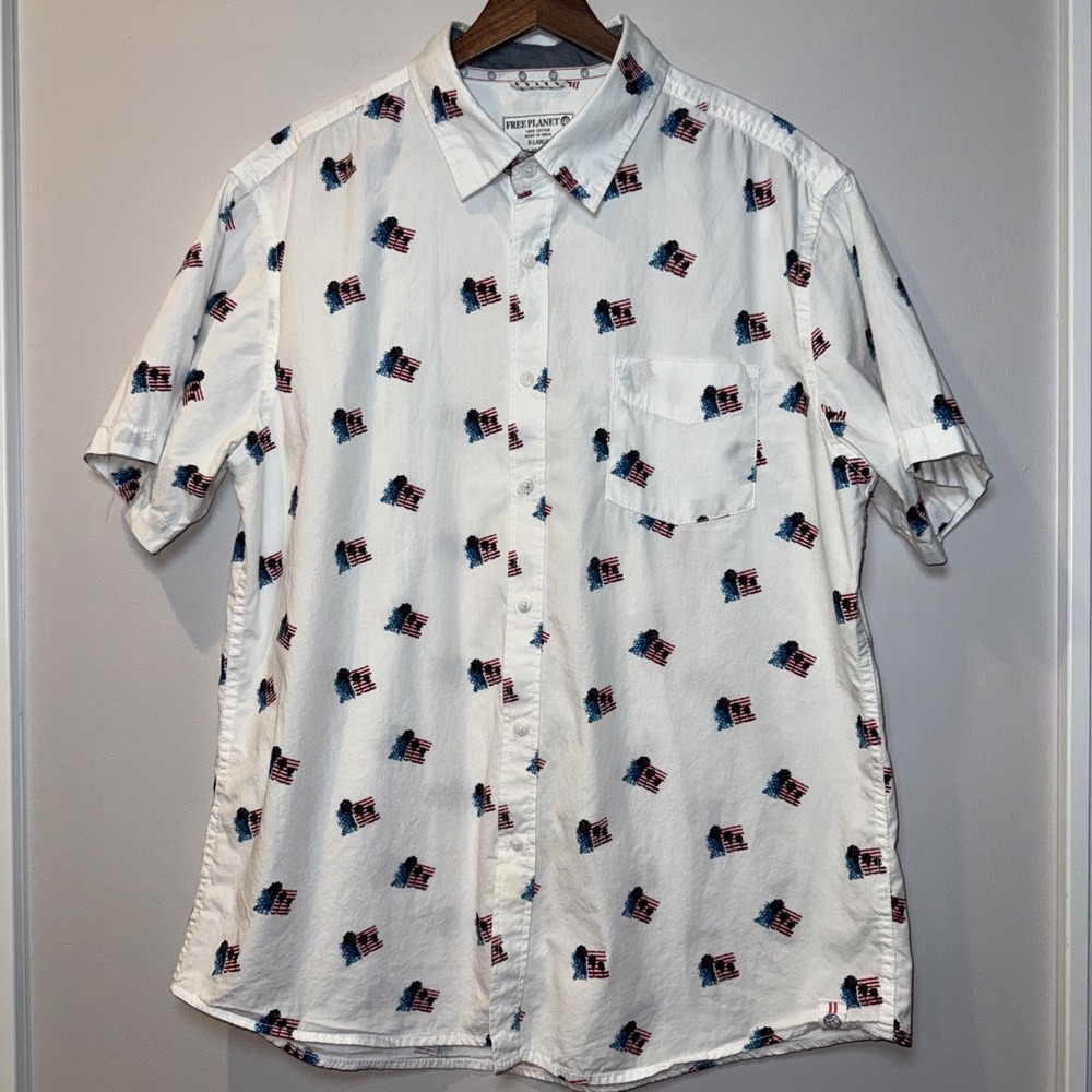 Free Planet Mens American Flag Print Short Sleeve Button Shirt‎ White XL EUC
